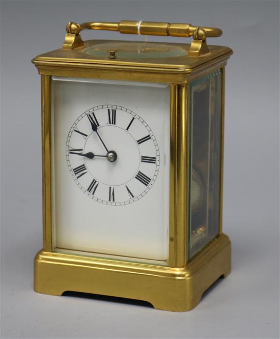 A 20th century gilt brass repeating carriage clock with Roman numeral dial height 13cm